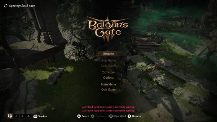 Baldur's Gate 3 Main Menu - Can't load right now. Game is Currently Saving